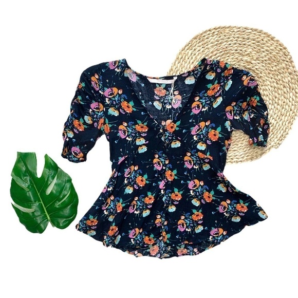 Zara Trafaluc Floral Ruched Sleeve Baby Doll Top Size Extra Small - Picture 4 of 15